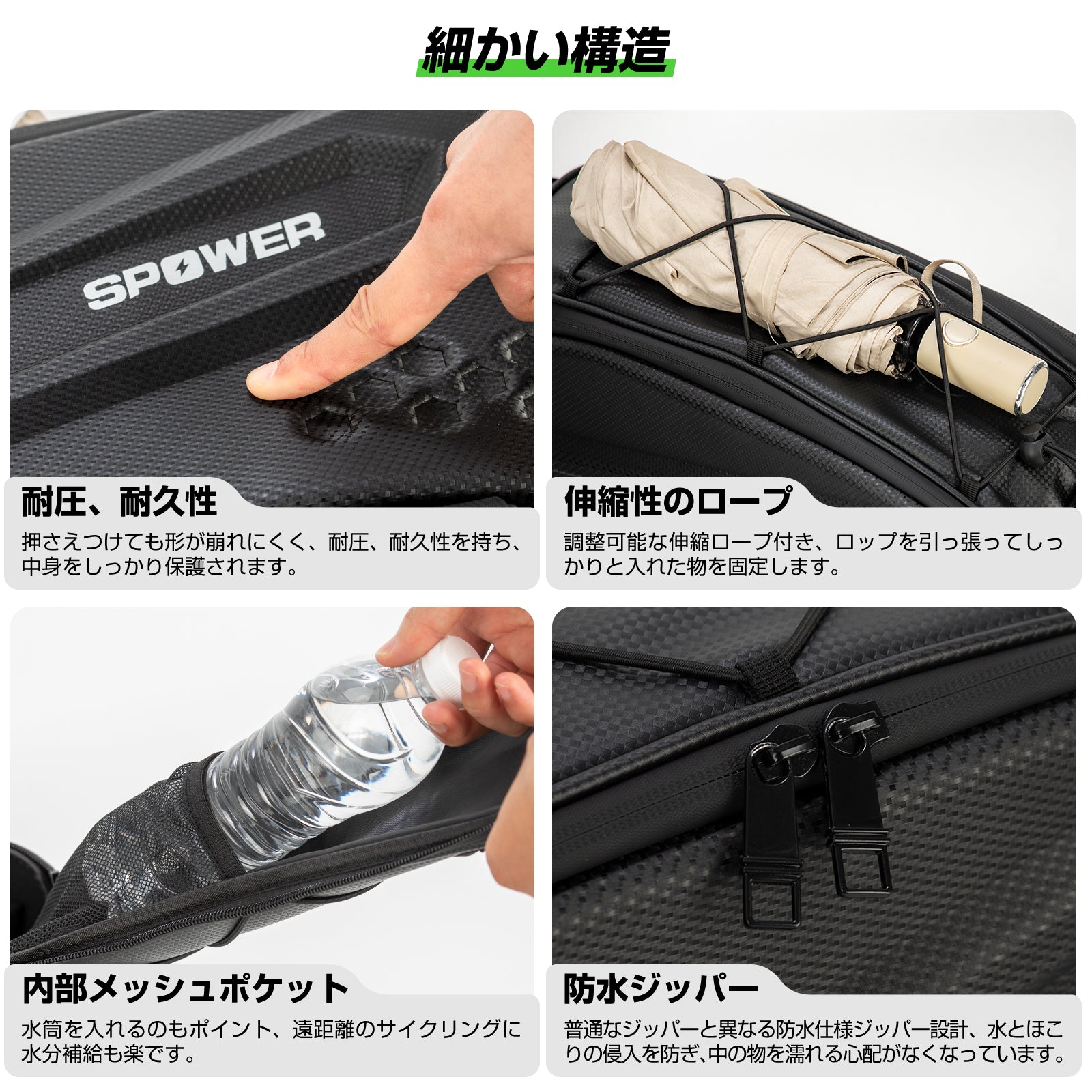 SPOWER 自転車リアバッグ 大容量 キャリアバッグ 防水 取付簡単 反射テープ付き 耐久性 軽量