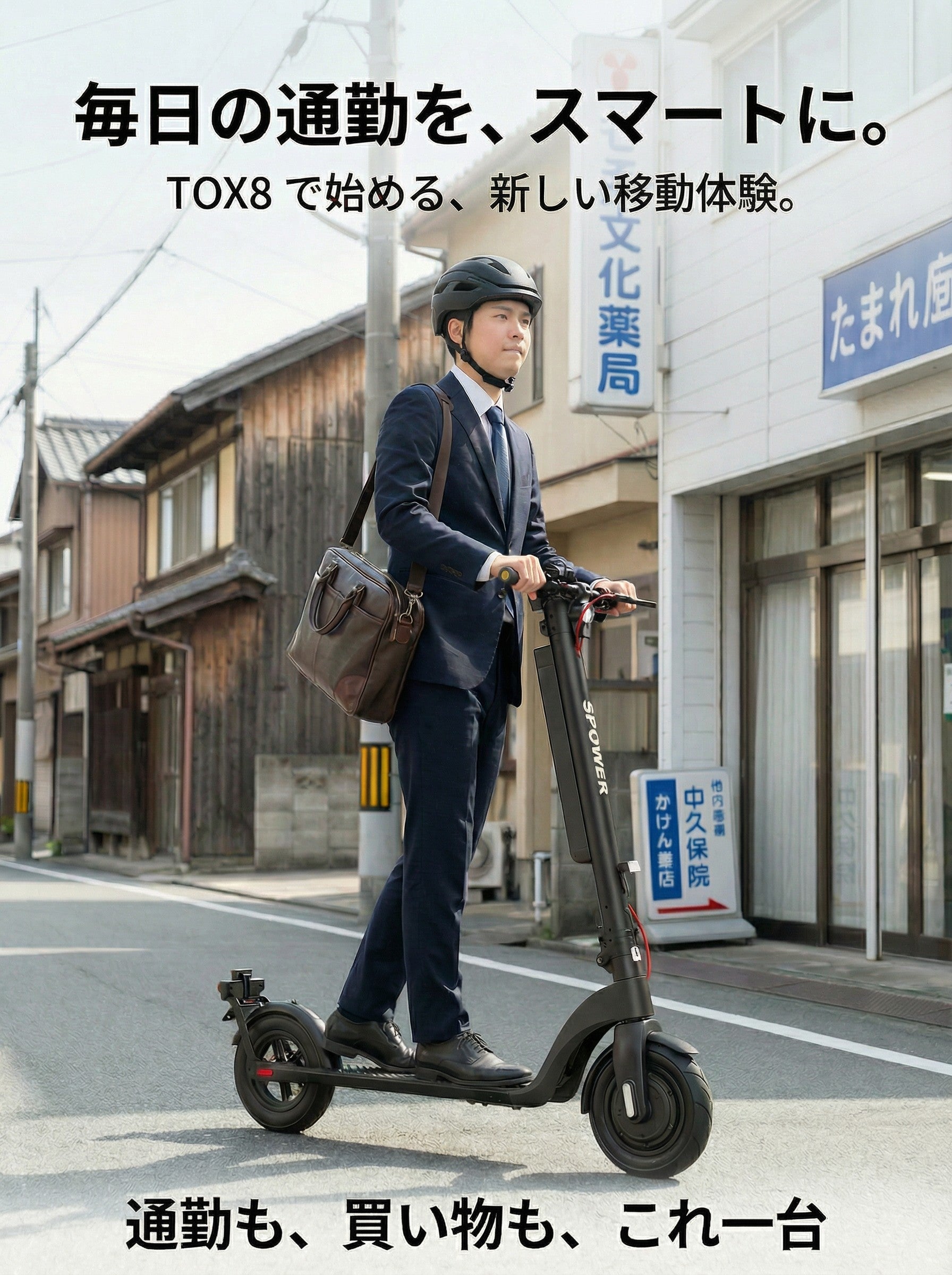 日本の街中でスーツ姿の男性が TOX8 電動スクーターに乗って通勤している様子